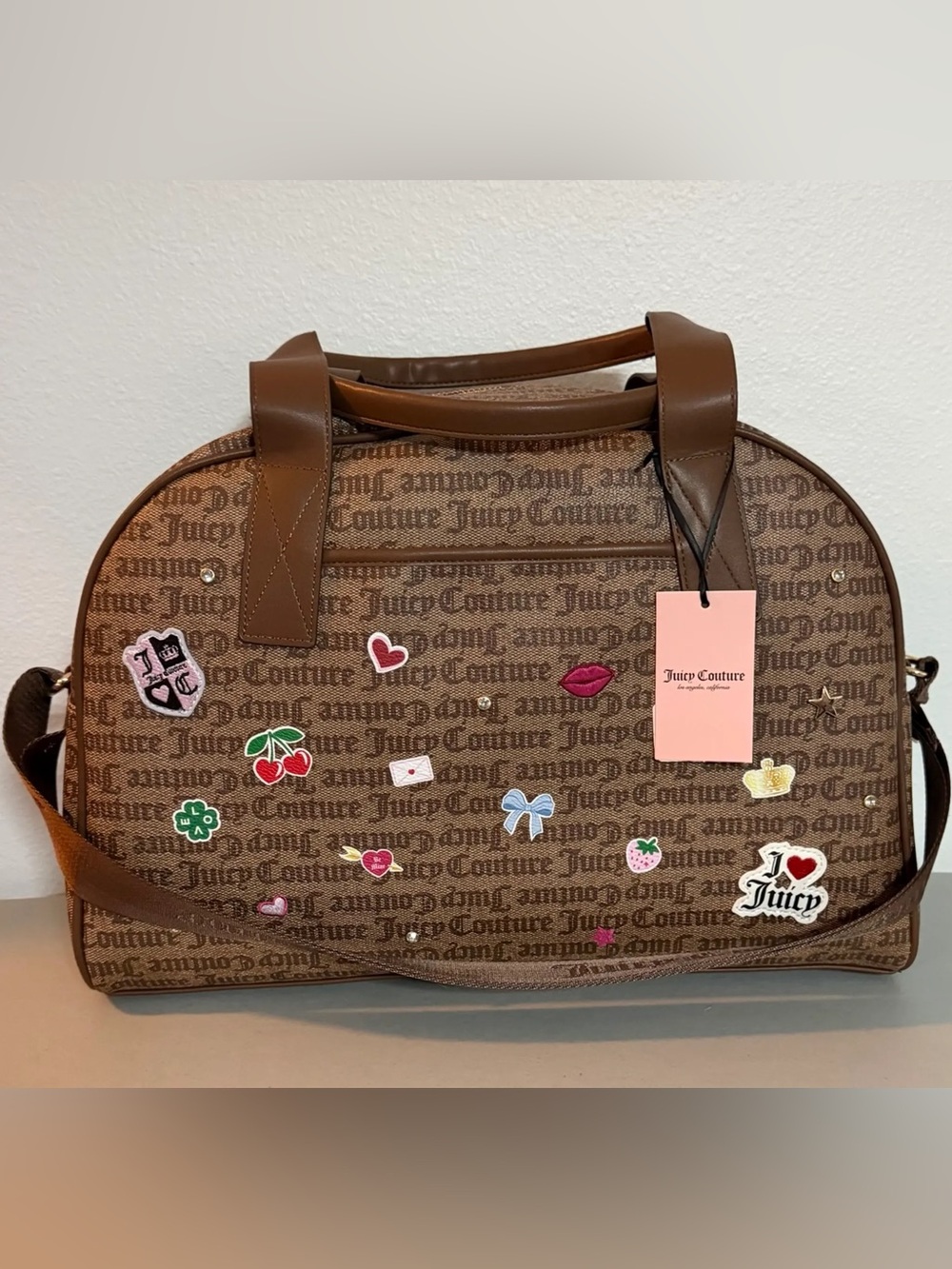 Juicy Couture Brown Logo Canvas Travel Dome Bag with Sticker Patch Accents